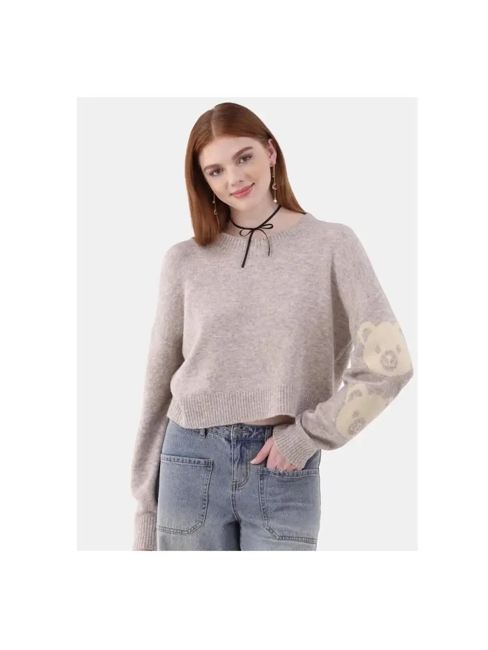 No Boundaries Crewneck Pullover Motif Sleeve Sweater, Women’s